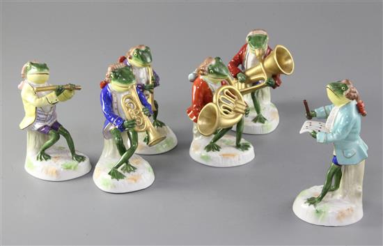 A set of six Sitzendorf frog band figures, 20th century, 11.5 - 13.5cm